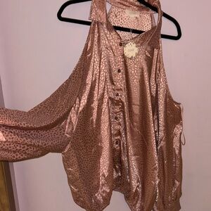 Satin pink leopard shoulder cut out blouse